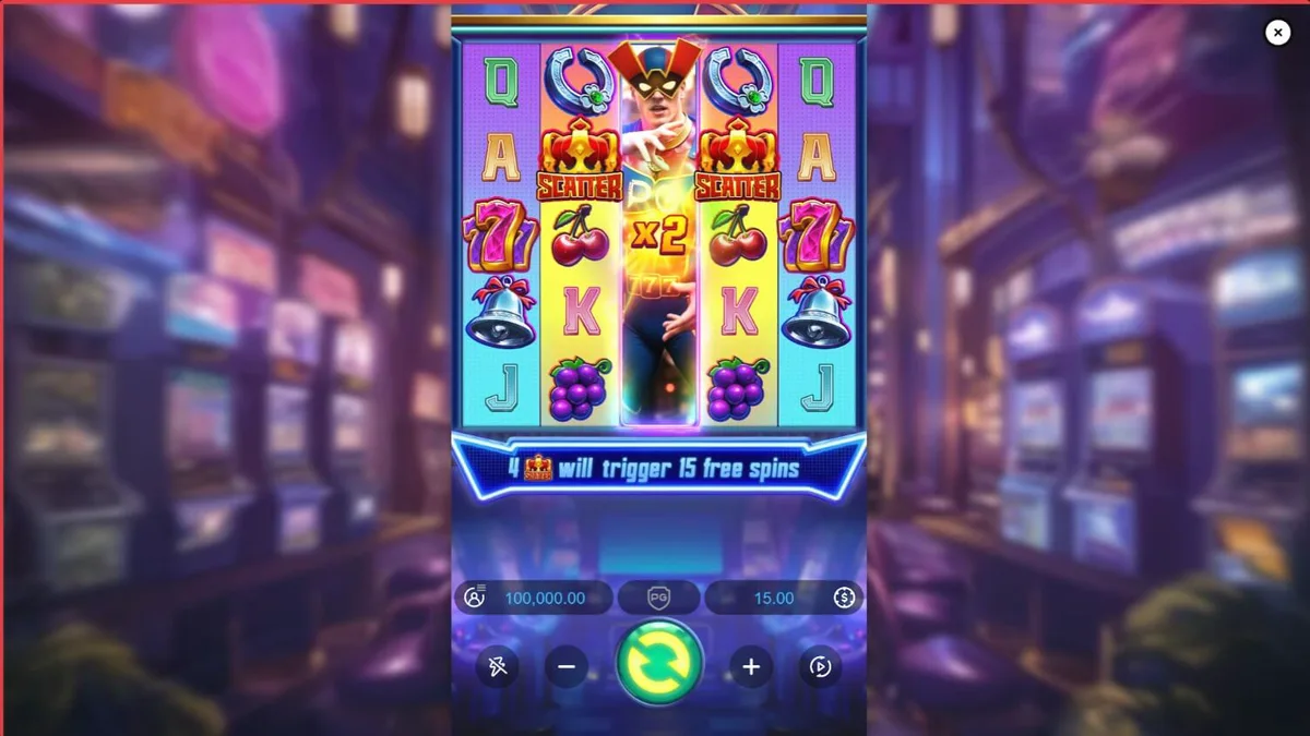 Pahlawan super bertopeng di depan latar belakang kota neon dalam permainan slot Super Wildrix