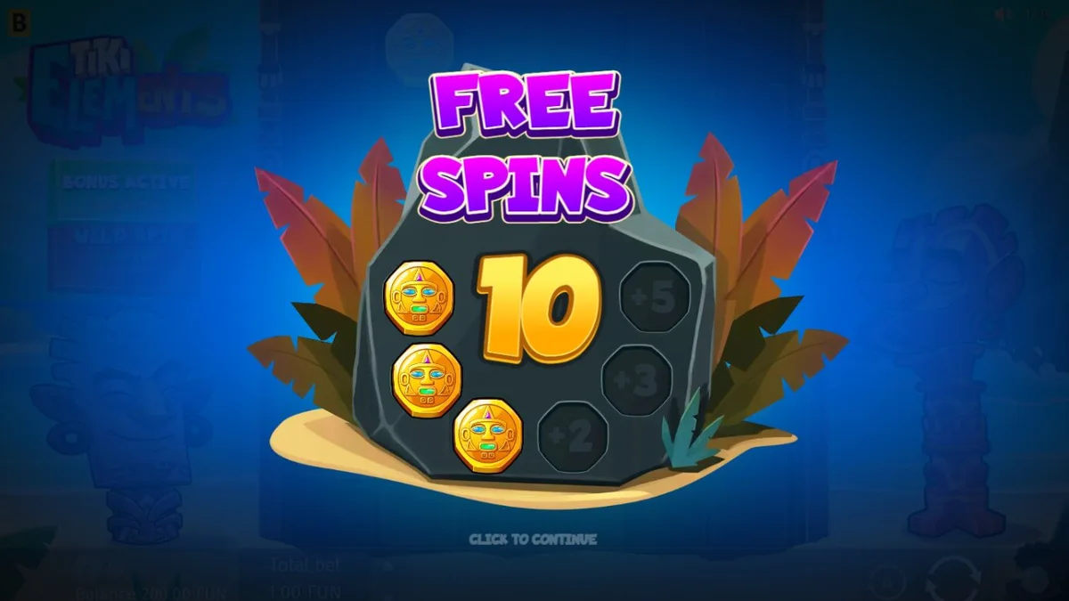 Tampilan visual slot Tiki Elements dengan tema tropis dan simbol topeng Tiki.