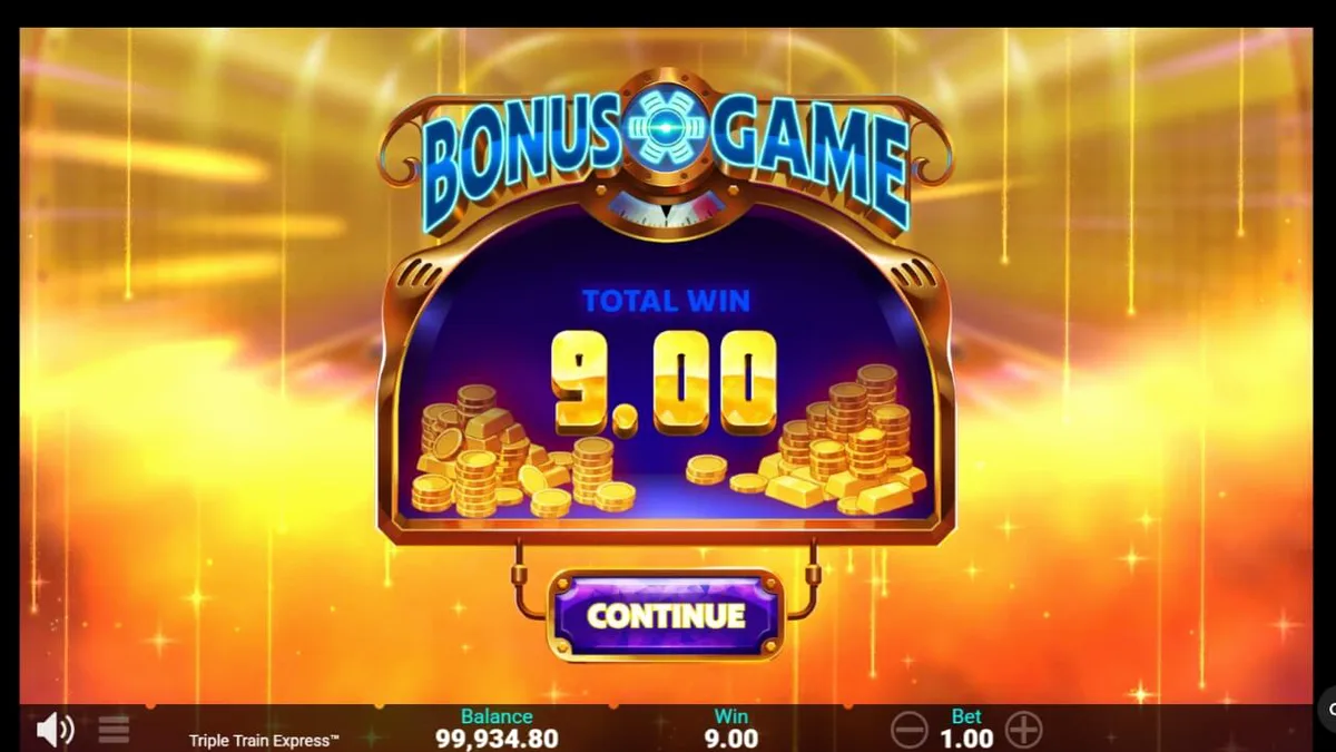 Tampilan antarmuka slot Triple Train Express dengan tema neon futuristik di perangkat mobile