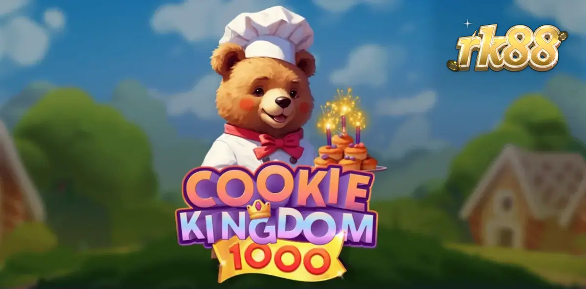 Tampilan visual permainan slot Cookie Kingdom 1000 dengan tema permen dan beruang pembuat kue.